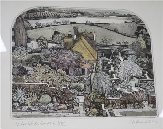 Graham Clarke, two prints, Vitas White Garden and Crabbers Retreat largest 38 x 46cm